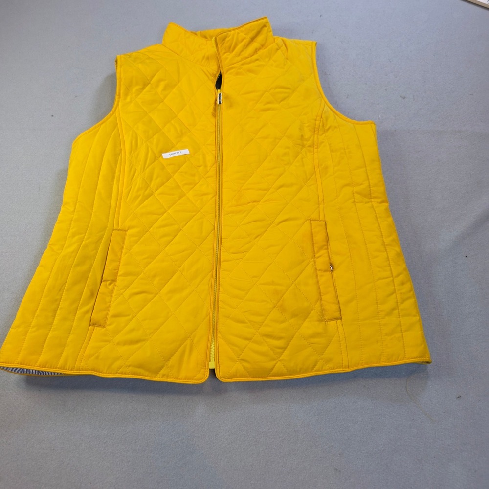 Talbots Womens Yellow Quilted Full Zip Vest L Striped Lining Adjustable Waist